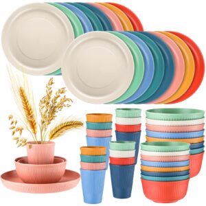 48 pack wheat straw dinnerware sets unbreakable kitchen plastic flatware bulk dinner plates, dessert plate, cereal bowls, cups for outdoor camping party, service for 8, mixed color