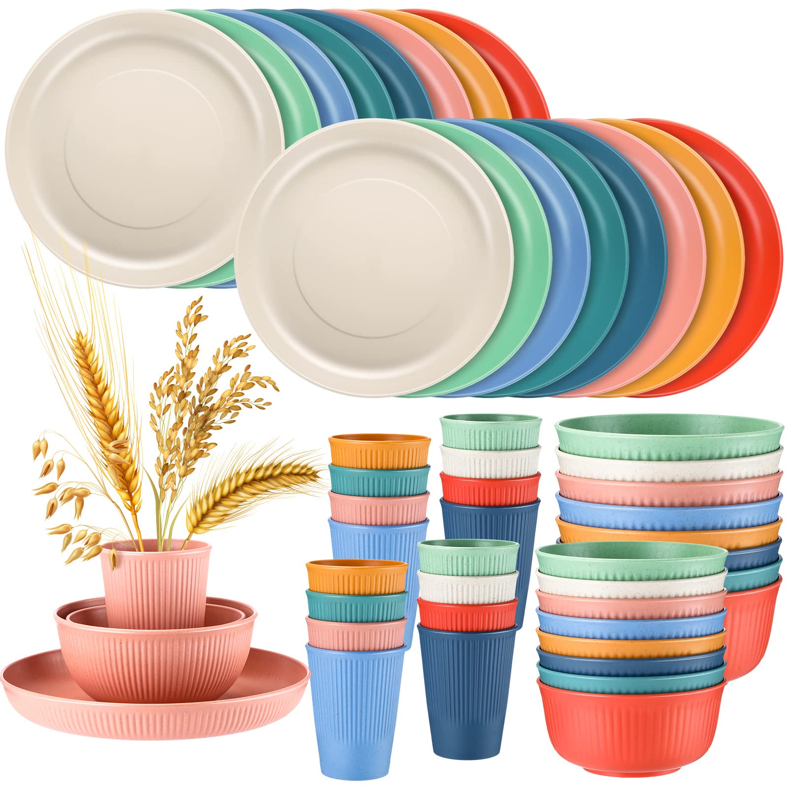 48 Pack Wheat Straw Dinnerware Sets Unbreakable Kitchen Plastic Flatware Bulk Dinner Plates, Dessert Plate, Cereal Bowls, Cups for Outdoor Camping Party, Service for 8, Mixed Color