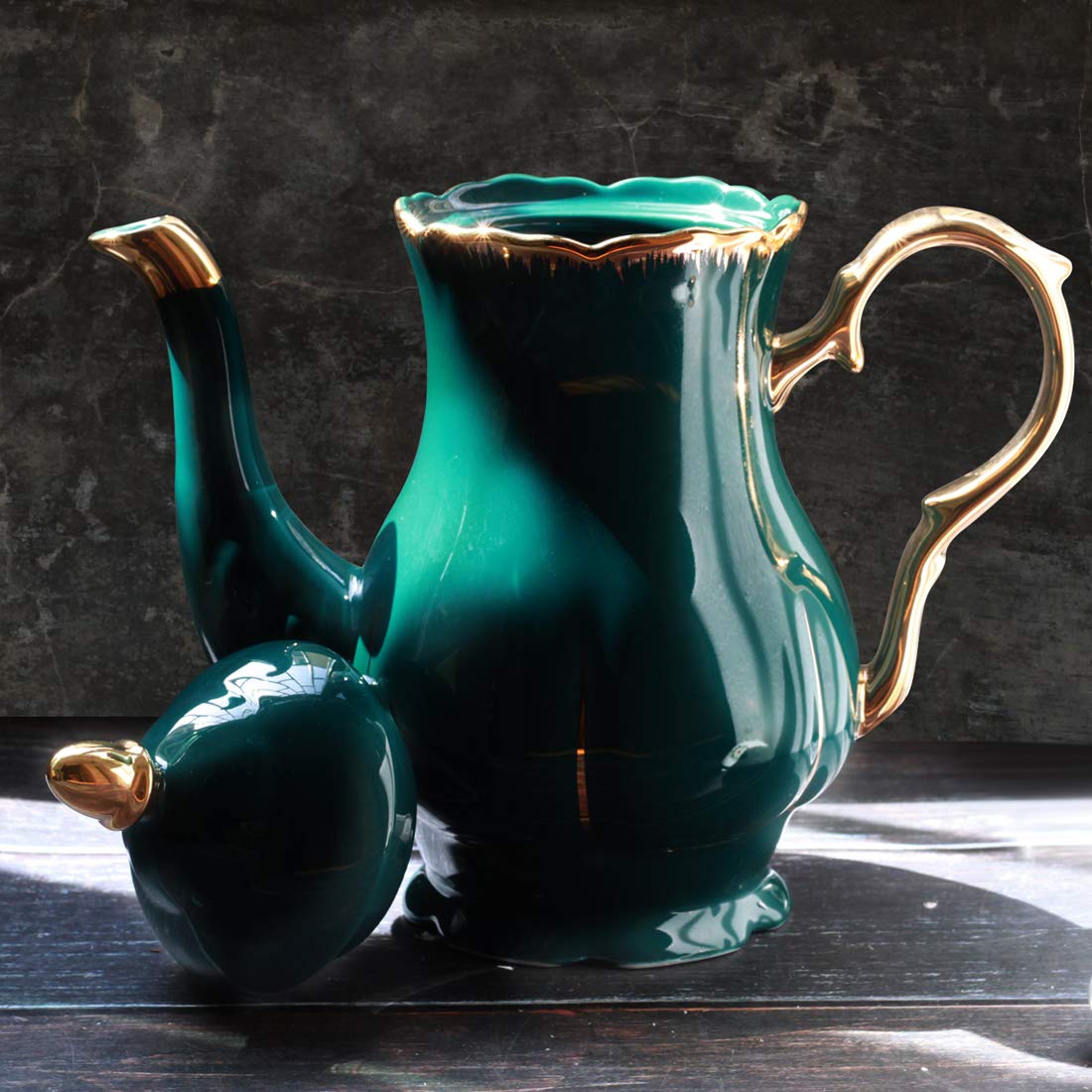 Jomop Ceramic Tea Pot Elegant Profile Decoration Extra Large Dark Green Housewarming Gift for Tea Lovers 4-6 Cups (1, Dark Green)