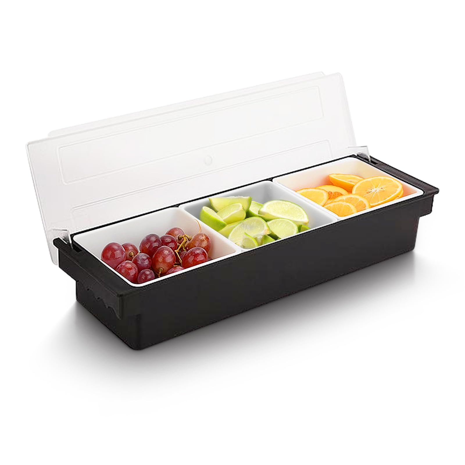 WICHEMI Fruit, Veggie & Condiment Caddy with Lid Dispenser Tray Plastic Garnish Station for Bartending & Serving Taco, Ice Cream, Salad Bar - Topping Organizer for Restaurant Supplies (3 Compartment)