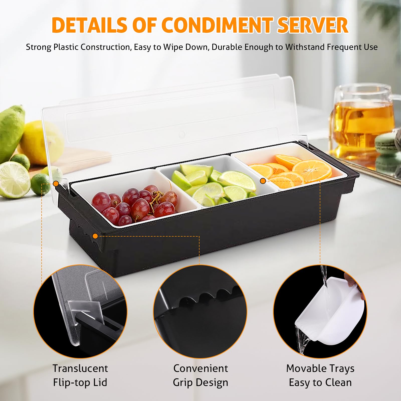 WICHEMI Fruit, Veggie & Condiment Caddy with Lid Dispenser Tray Plastic Garnish Station for Bartending & Serving Taco, Ice Cream, Salad Bar - Topping Organizer for Restaurant Supplies (3 Compartment)