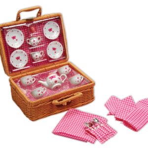 Schylling Brand Classic Porcelain Butterfly Tea Basket Set - 24 Piece Miniature Tea Set - 1.25" Tall Tea Cups - Includes Latching Picnic Basket - Ages 8-10