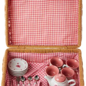 Schylling Brand Classic Porcelain Butterfly Tea Basket Set - 24 Piece Miniature Tea Set - 1.25" Tall Tea Cups - Includes Latching Picnic Basket - Ages 8-10