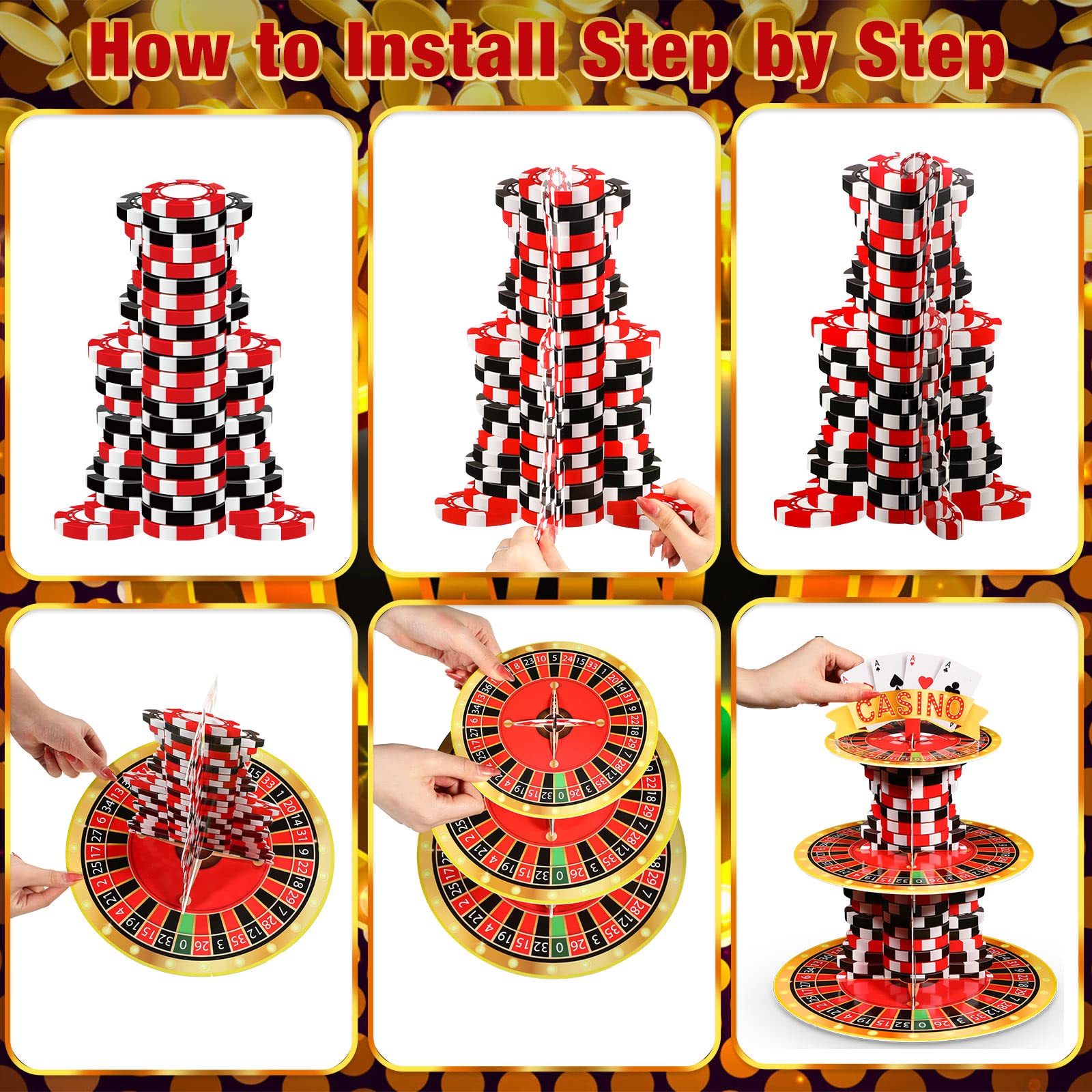 Tanlade 3 Tier Casino Them Party Cupcake Stand Decorations Las Vegas Casino Themed Cupcake Holder Decor Poker Birthday Party Dessert Tower for Casino Nigh Birthday Las Vegas Night Party (Chip)