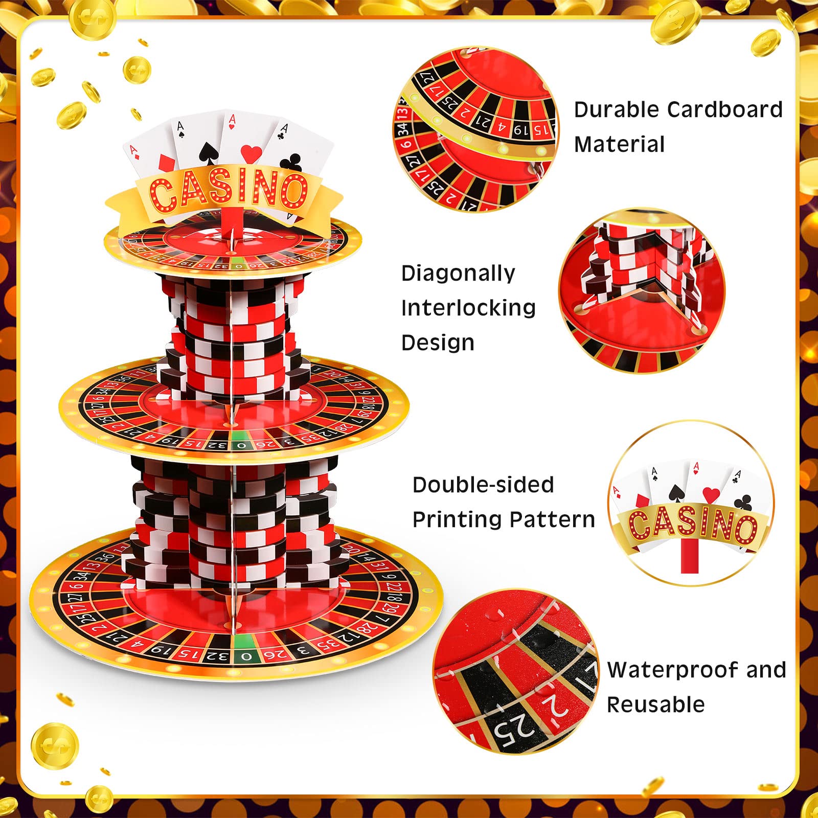 Tanlade 3 Tier Casino Them Party Cupcake Stand Decorations Las Vegas Casino Themed Cupcake Holder Decor Poker Birthday Party Dessert Tower for Casino Nigh Birthday Las Vegas Night Party (Chip)