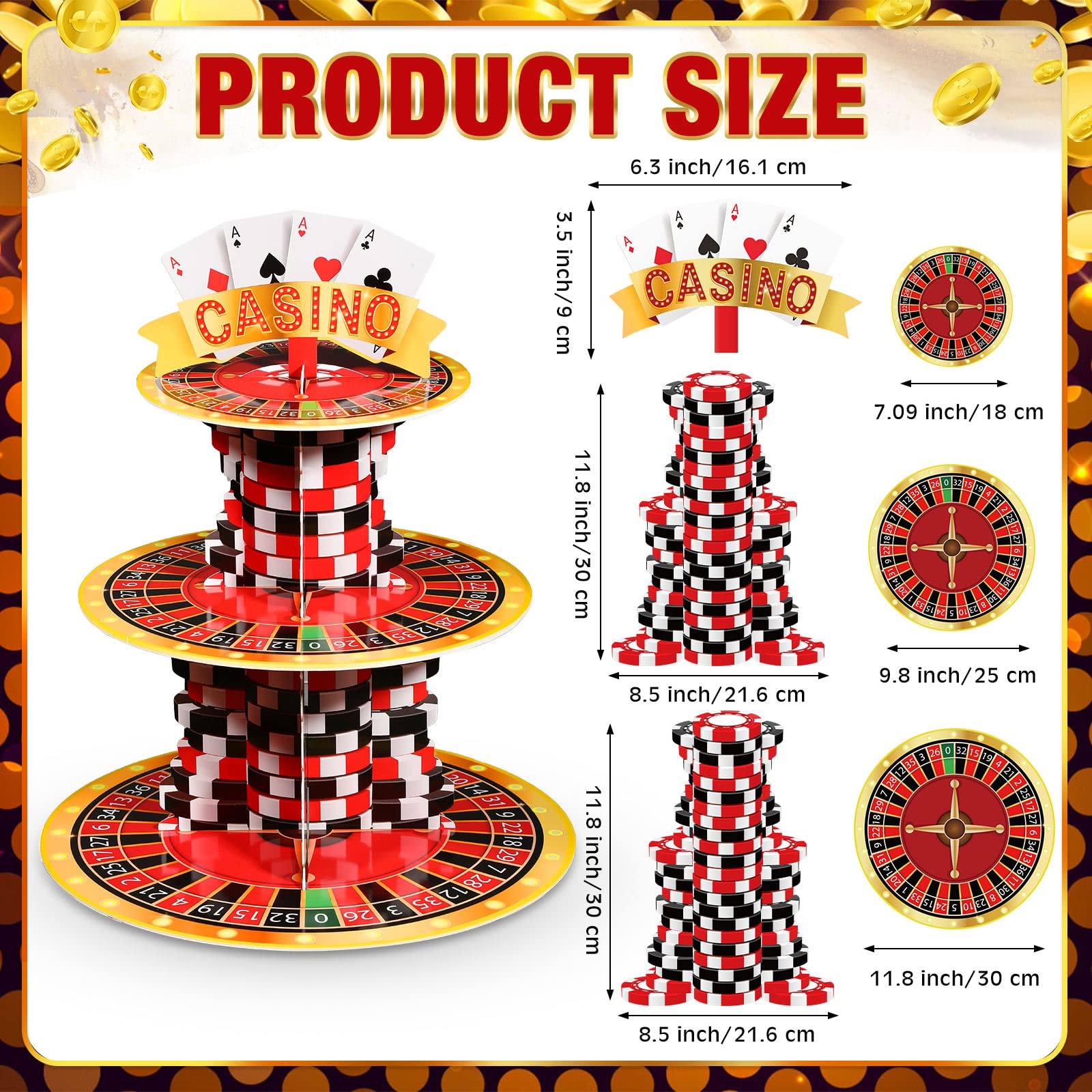 Tanlade 3 Tier Casino Them Party Cupcake Stand Decorations Las Vegas Casino Themed Cupcake Holder Decor Poker Birthday Party Dessert Tower for Casino Nigh Birthday Las Vegas Night Party (Chip)