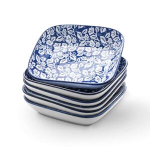 selamica porcelain 8-inch square dinner plates, salad pasta bowls, set of 6, vintage blue