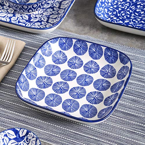 Selamica Porcelain 8-inch Square Dinner Plates, Salad Pasta Bowls, Set of 6, Vintage Blue