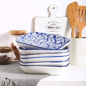 Selamica Porcelain 8-inch Square Dinner Plates, Salad Pasta Bowls, Set of 6, Vintage Blue
