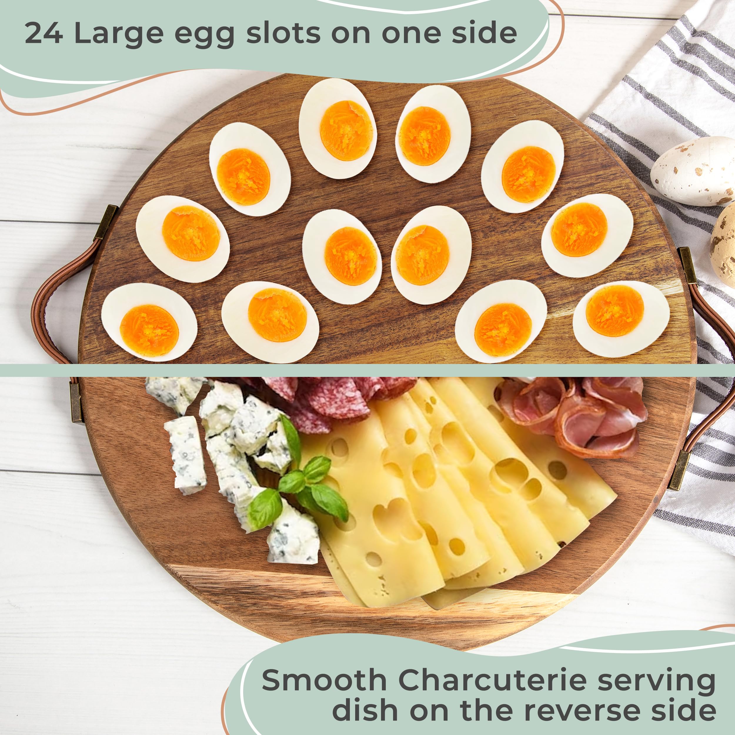 Deviled Egg Platter Round Acacia Wood Egg Tray w/ 24 Slots - Farmhouse Style Deviled Egg Tray w/Leather Handles - Multi-Use Charcuterie Board -Premium Wood Serving Platters