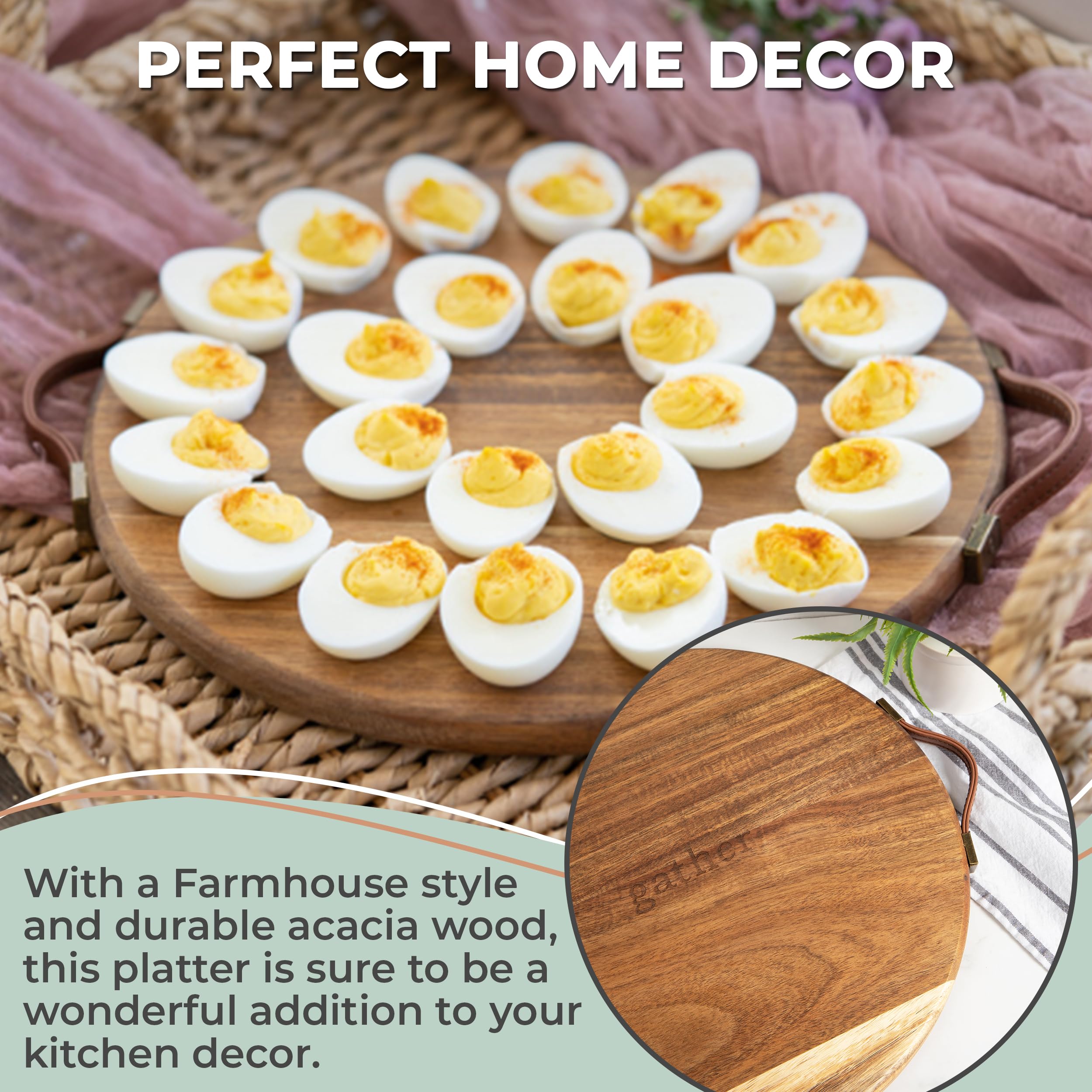 Deviled Egg Platter Round Acacia Wood Egg Tray w/ 24 Slots - Farmhouse Style Deviled Egg Tray w/Leather Handles - Multi-Use Charcuterie Board -Premium Wood Serving Platters