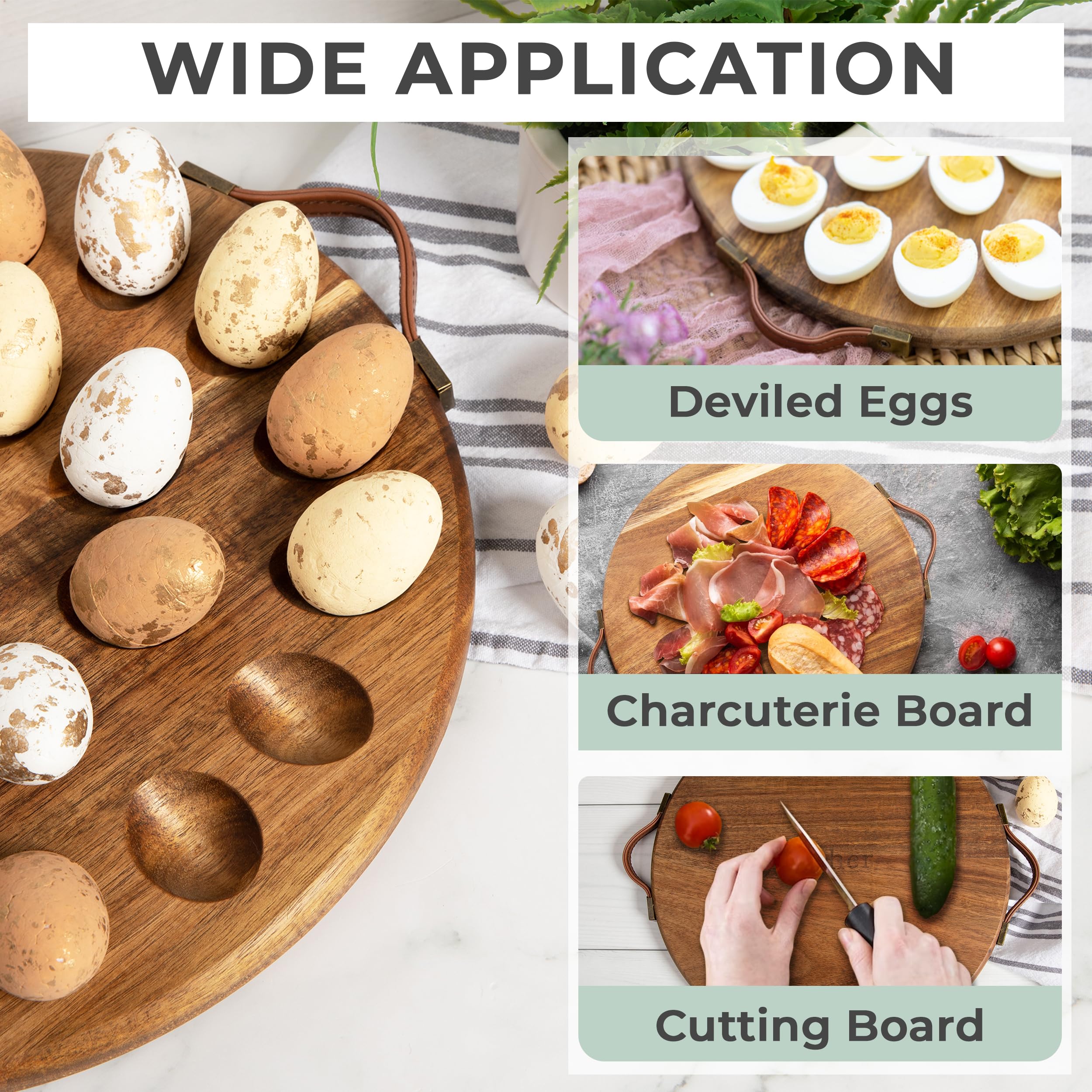 Deviled Egg Platter Round Acacia Wood Egg Tray w/ 24 Slots - Farmhouse Style Deviled Egg Tray w/Leather Handles - Multi-Use Charcuterie Board -Premium Wood Serving Platters