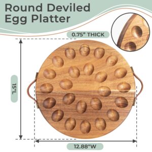 Deviled Egg Platter Round Acacia Wood Egg Tray w/ 24 Slots - Farmhouse Style Deviled Egg Tray w/Leather Handles - Multi-Use Charcuterie Board -Premium Wood Serving Platters