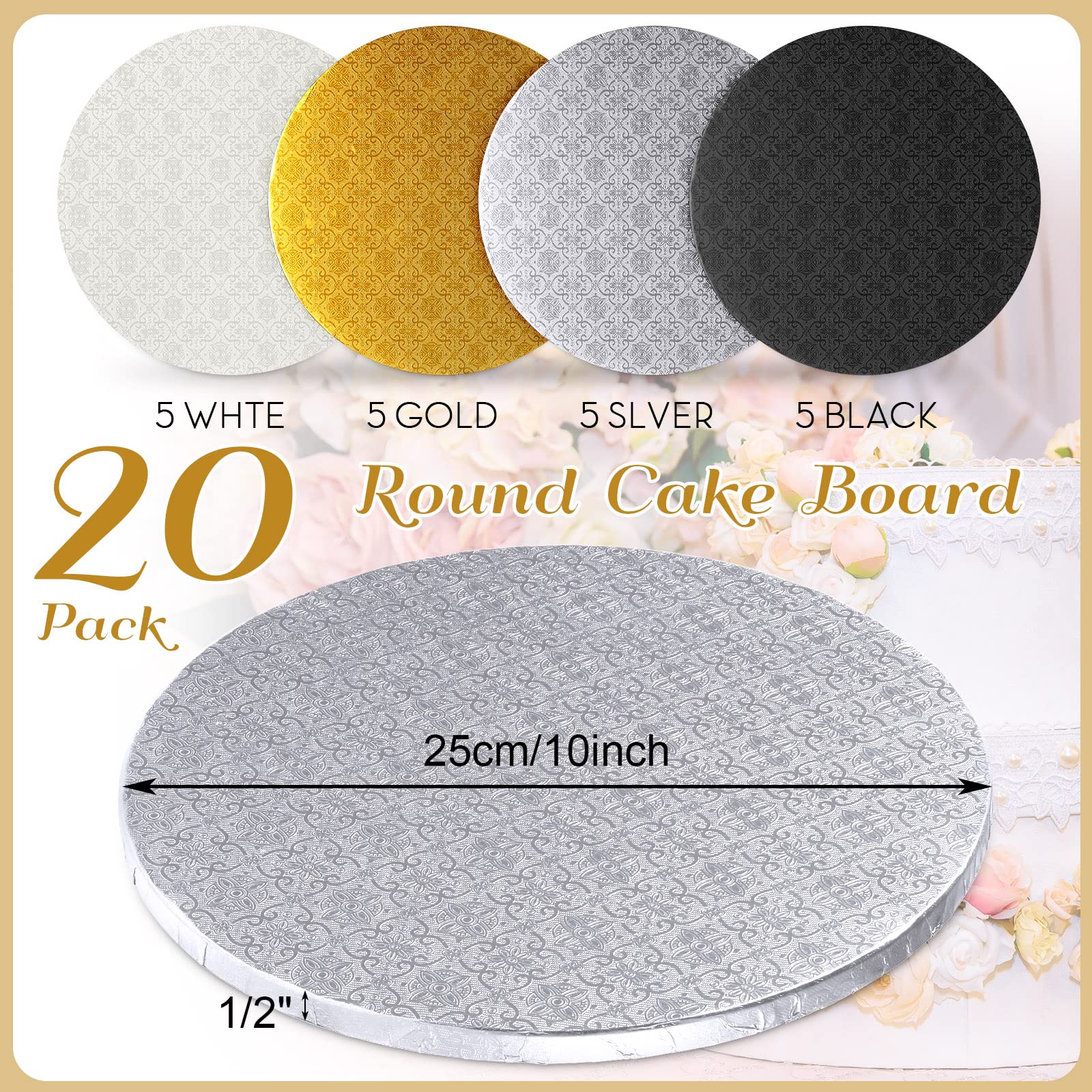 20 Pieces Cake Boards 10 Inch Round Cake Drum with 1/2 Inch Thick Round Cake Stands Cake Smooth Edge for Multi Tiered Birthday Wedding Party, Black, Silver, Gold and White