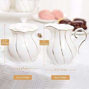 DUJUST White Cream & Sugar Set, Luxury British Design in Golden Trims, 1 Sugar Bowl with Lid (12 OZ), 1 Creamer (8 OZ), Handcrafted Sugar Creamer Set, Decoration for Kitchen