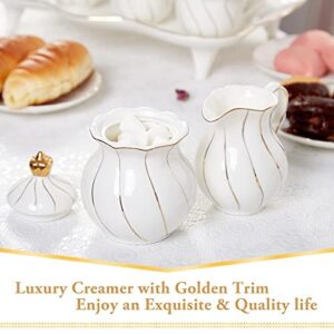 DUJUST White Cream & Sugar Set, Luxury British Design in Golden Trims, 1 Sugar Bowl with Lid (12 OZ), 1 Creamer (8 OZ), Handcrafted Sugar Creamer Set, Decoration for Kitchen