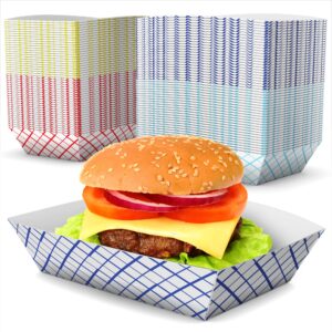nukunu paper food boats (multicolor, 100pcs), 3lb - trays assorted colors nacho eco friendly hamburger holder 7'' x 5'' inches serving dishes for concession or bonfire party supplies