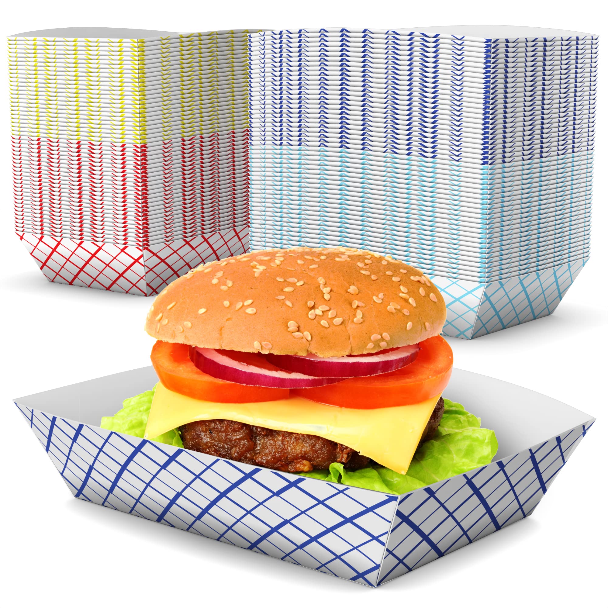 Nukunu Paper Food Boats (Multicolor, 100PCS), 3LB - Trays Assorted Colors Nacho Eco Friendly Hamburger Holder 7'' X 5'' inches Serving Dishes for Concession or Bonfire Party Supplies