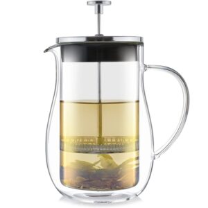 teabloom louvre insulated glass tea press – 34 oz (4 cups) – loose leaf tea steeper – brew and serve hot tea – tea connoisseur's choice