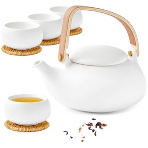 zens ceramic teapot with infuser, bentwood handle loose leaf japanese tea set, 27 ounce matte white tea pot with 4 cups & rattan coasters for women gift