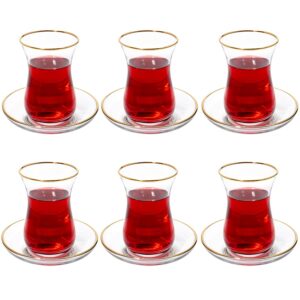vikko turkish tea glasses & saucers, 5.5 oz turkish tea cups,turkish glass tea set for six, tea cup glass, clear glass tea cups and saucers, gold accented turkish tea cup set, 6 cups and 6 plates