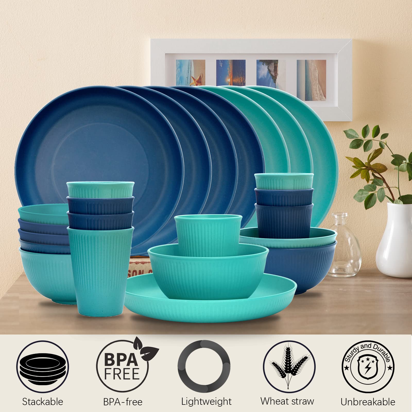 Dhnvcud 24-Piece Plates and Bowls Sets,Wheat Straw Dinnerware Sets for 8,Unbreakable Plastic Dinnerware Set,Reusable Plates,Bowls and Cups,Plastic Dishes Set for Kitchen,Outdoor Camping,RV