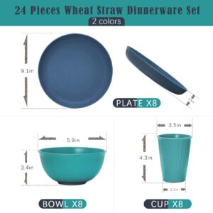 Dhnvcud 24-Piece Plates and Bowls Sets,Wheat Straw Dinnerware Sets for 8,Unbreakable Plastic Dinnerware Set,Reusable Plates,Bowls and Cups,Plastic Dishes Set for Kitchen,Outdoor Camping,RV