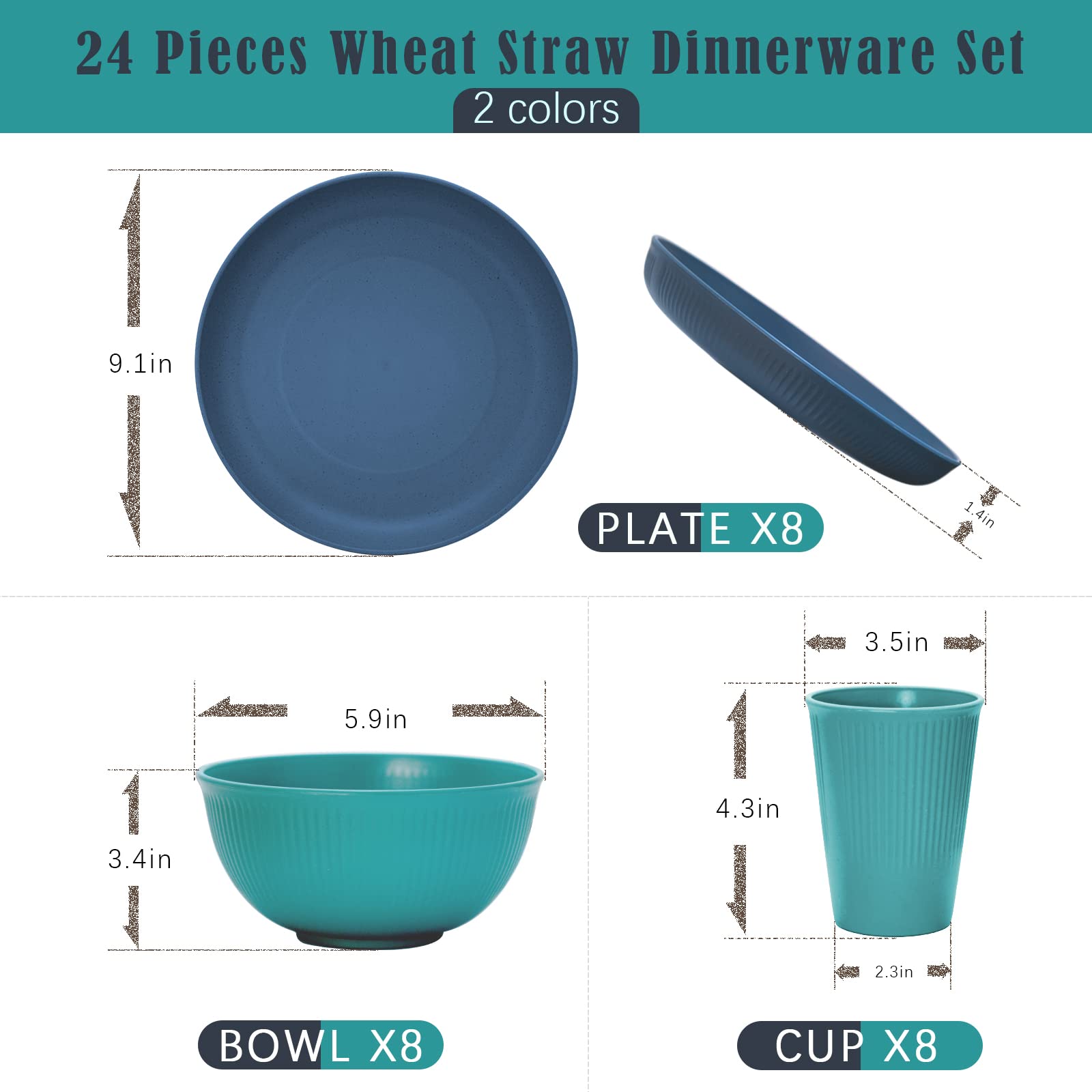 Dhnvcud 24-Piece Plates and Bowls Sets,Wheat Straw Dinnerware Sets for 8,Unbreakable Plastic Dinnerware Set,Reusable Plates,Bowls and Cups,Plastic Dishes Set for Kitchen,Outdoor Camping,RV