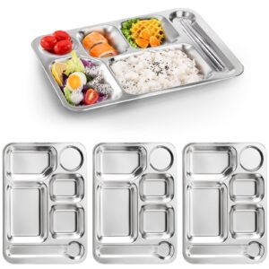 fasmov 4 pack stainless steel rectangular divided dinner tray, 6 sections stainless steel metal plate for adults, picky eaters, campers, and portion control