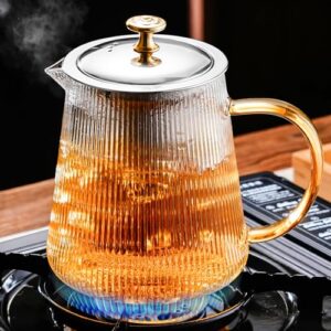 paracity glass teapot stovetop 34 oz with vertical stripes, borosilicate clear tea kettle with removable 18/8 stainless steel infuser, blooming and loose leaf tea maker tea brewer