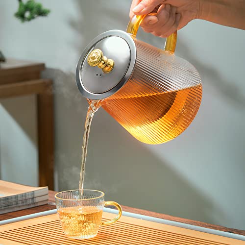 PARACITY Glass Teapot Stovetop 34 OZ with Vertical Stripes, Borosilicate Clear Tea Kettle with Removable 18/8 Stainless Steel Infuser, Blooming and Loose Leaf Tea Maker Tea Brewer