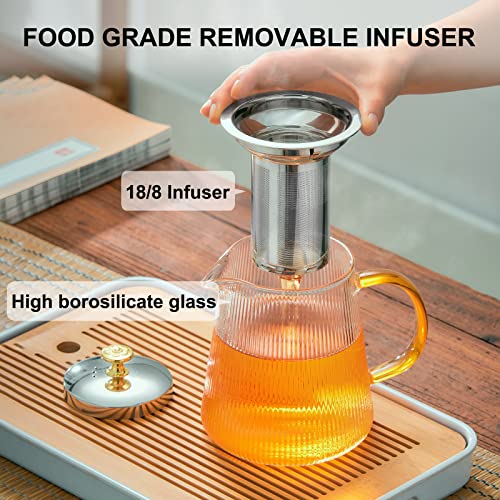 PARACITY Glass Teapot Stovetop 34 OZ with Vertical Stripes, Borosilicate Clear Tea Kettle with Removable 18/8 Stainless Steel Infuser, Blooming and Loose Leaf Tea Maker Tea Brewer