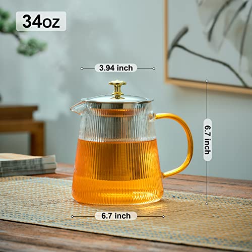 PARACITY Glass Teapot Stovetop 34 OZ with Vertical Stripes, Borosilicate Clear Tea Kettle with Removable 18/8 Stainless Steel Infuser, Blooming and Loose Leaf Tea Maker Tea Brewer