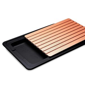 premium ultra fast defrosting tray for frozen meat, miracle thaw defrosting tray, extra thick meat defroster tray for quick thawing, rose gold defrosting plate board with sturdy water drip tray