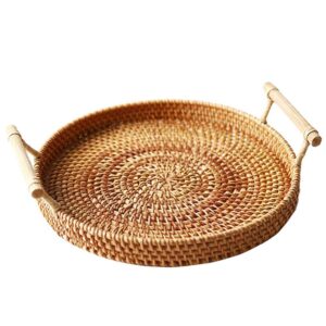 woshi 11.02in rattan storage tray round basket wicker basket storage tray with handle 3 size fruit food round basket display hand-woven rattan tray (l)