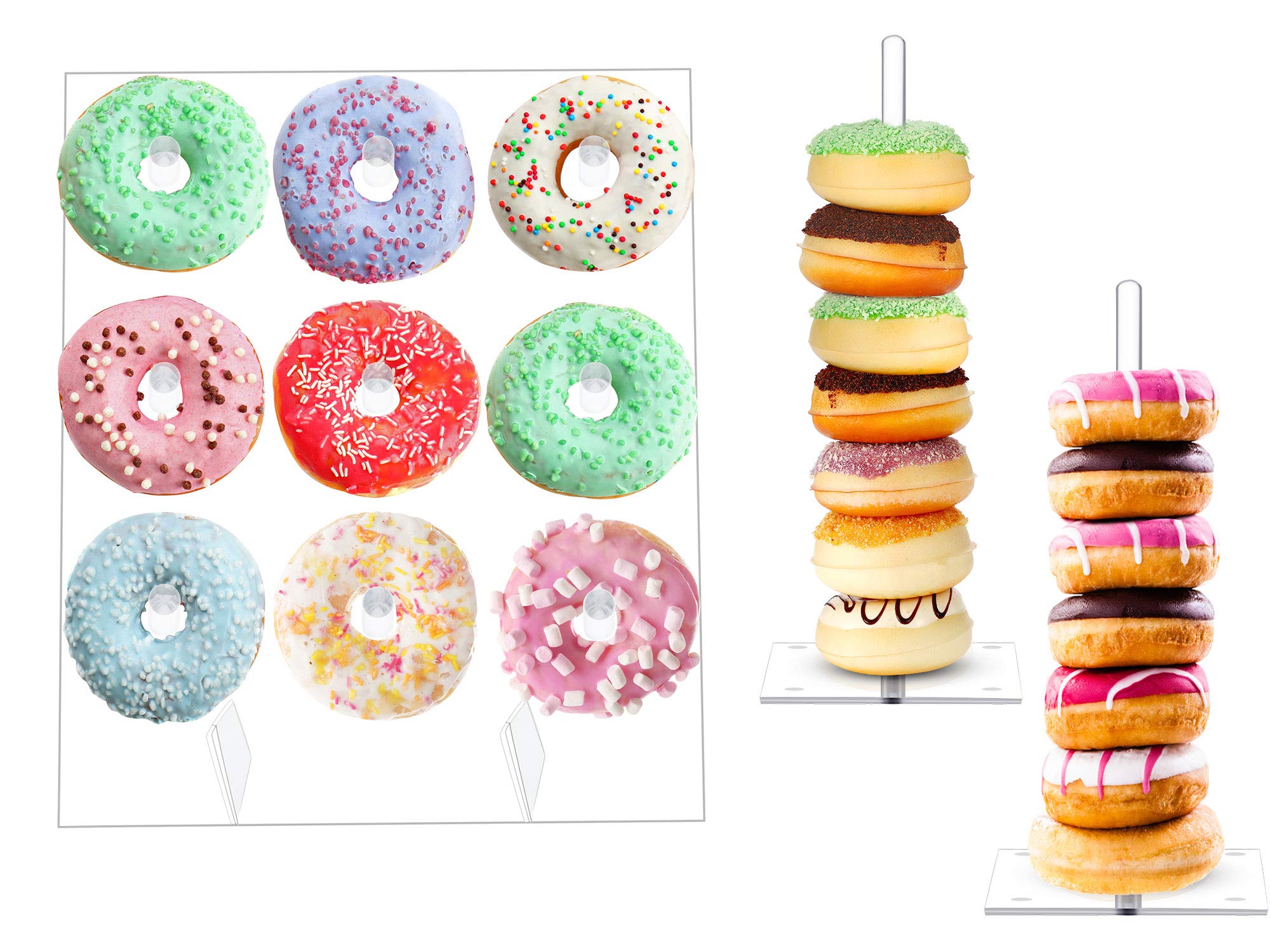 Frienda 1 Pack Acrylic Donut Display Wall Stand, Holds up to 18 Donuts and 2 Pieces Acrylic Donut Stands Clear Bagels Holder Square Stand Holder for Dessert Table Wedding Birthday Party