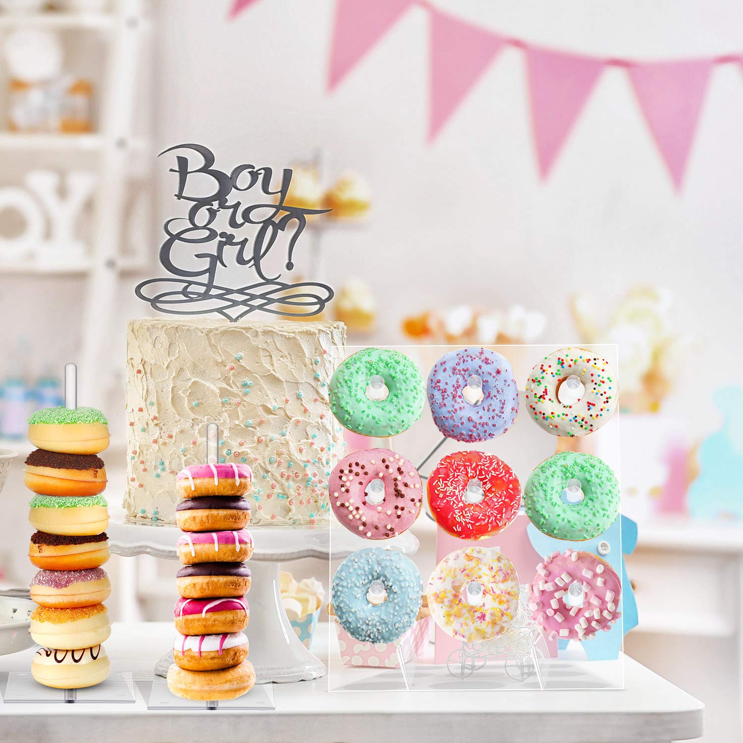 Frienda 1 Pack Acrylic Donut Display Wall Stand, Holds up to 18 Donuts and 2 Pieces Acrylic Donut Stands Clear Bagels Holder Square Stand Holder for Dessert Table Wedding Birthday Party