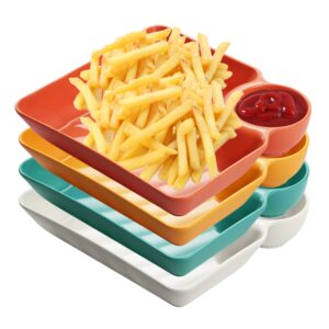 chip and dip serving platter set, 4 pcs divided party trays 7.3'' x 6.7'' snack bowl dishes for entertaining, wine dine appetizer plates, reusable dumpling plate with sauce holder for buffet parties