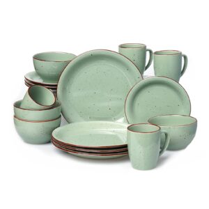 sinouso 16 piece stoneware dinnerware set, dinnerware set for 4, plates and bowls sets, plates, bowls, cups, microwave dishwasher safe, service for 4 (green dot)