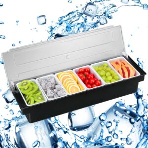trbidrbo 6 compartment fruit veggie condiment caddy with lid, plastic ice cooled condiment serving container chilled garnish tray bar caddy