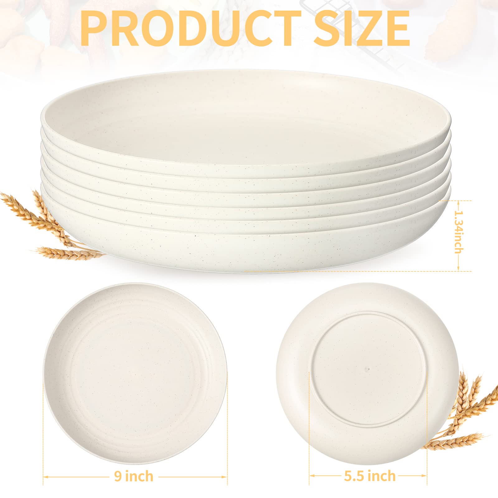 18 Pcs 9 Inch Wheat Straw Plates Lightweight Unbreakable Deep Dinner Plates Reusable Plastic Plates Microwave Safe Dinnerware for Kids Children Toddler Adult (Beige)