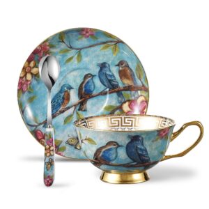 Panbado 3 Piece Bone China Tea Cup Saucer Set with Spoon Porcelain Gold Rimmed Teacup Coffee, Flower and Birds, 200 mL/6.8 oz, Blue Cup & Saucer, Dark