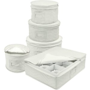 sorbus china storage containers - 5 pc quilted set for moving & transporting dinnerware, dishes, round plates, glassware, cups & mugs with felt plate protectors - fine china glass, plate storage cases