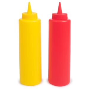 ketchup and mustard squeeze bottle combo pack | 2-pack 16-oz red & yellow plastic kitchen table condiment squirt dispensers | restaurant supplies for food truck, grilling, dressing, bbq sauce, crafts