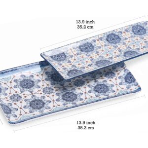 Bico Blue Talavera Ceramic 14 inch Rectangular Serving Platter, Set of 2, for Serving Salad, Pasta, Cheese, Ham, Appetizer, Microwave & Dishwasher Safe