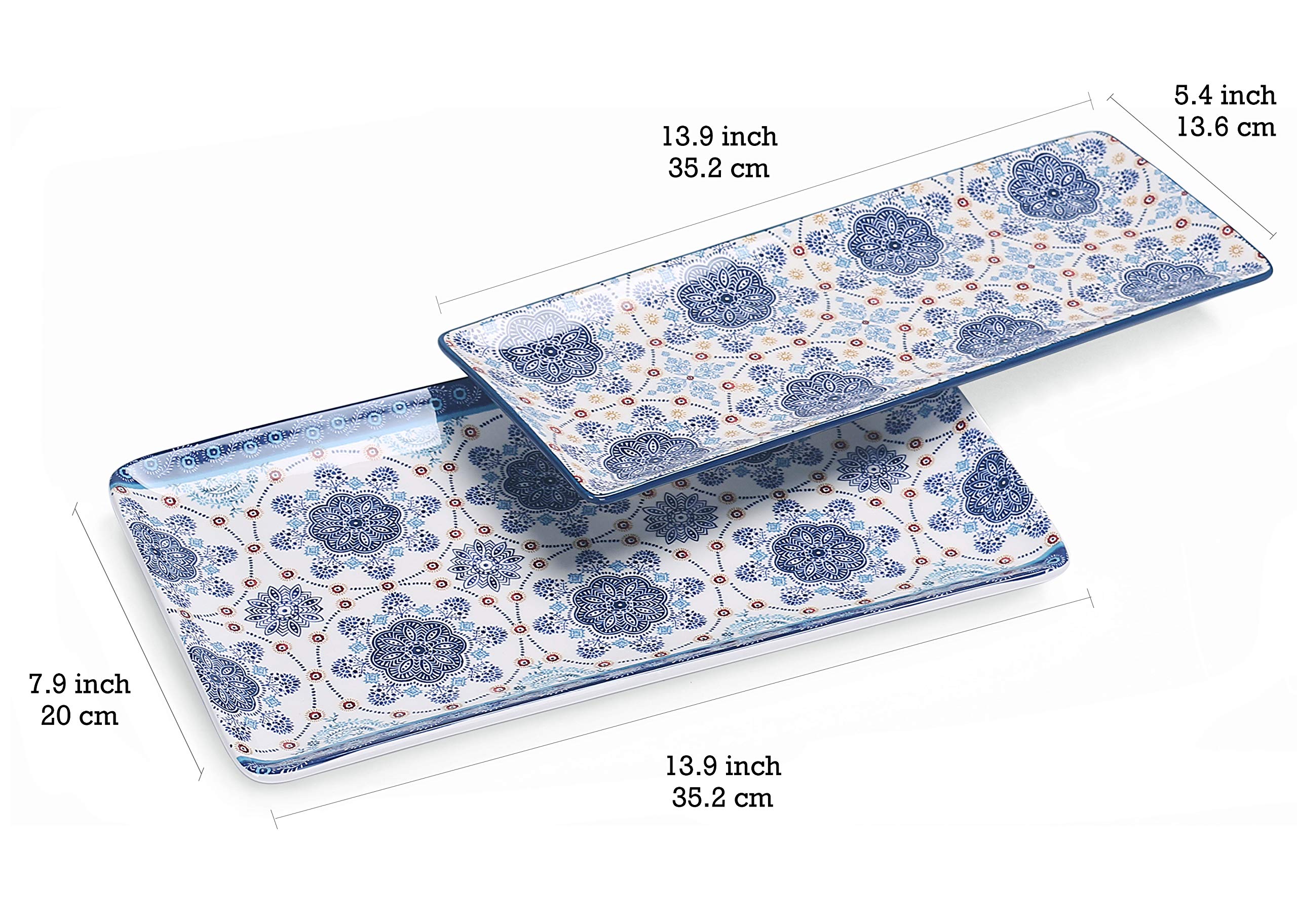 Bico Blue Talavera Ceramic 14 inch Rectangular Serving Platter, Set of 2, for Serving Salad, Pasta, Cheese, Ham, Appetizer, Microwave & Dishwasher Safe