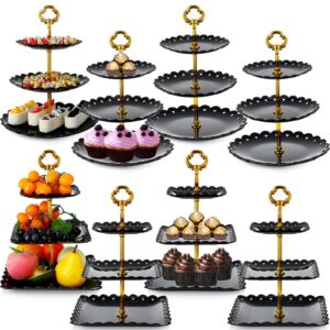 8 pieces 3 tier plastic cupcake stand black pastry stand cake fruit candy dessert table display set tiered serving tray round and square cup cake tier stand for wedding birthday tea party decoration