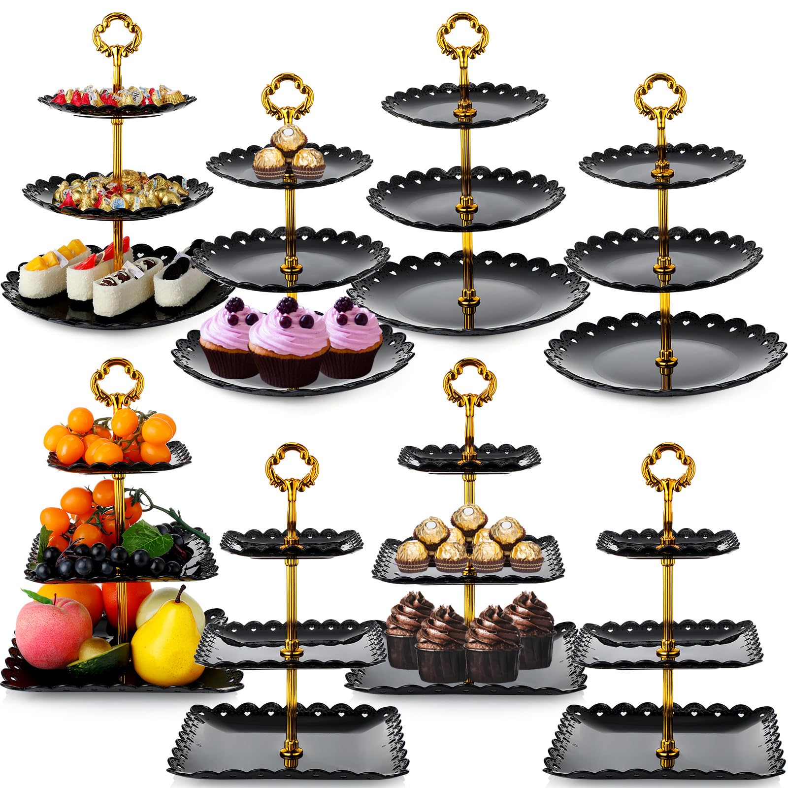 8 Pieces 3 Tier Plastic Cupcake Stand Black Pastry Stand Cake Fruit Candy Dessert Table Display Set Tiered Serving Tray Round and Square Cup Cake Tier Stand for Wedding Birthday Tea Party Decoration