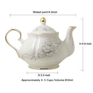 Jomop Ceramic Tea pot Floral Design White 855ml About 4 Cups (Gold)