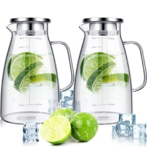 2 pcs glass pitcher water pitcher fridge with lid and handle carafes and pitchers iced tea pitcher hot cold water heat resistant borosilicate glass jug for water juice iced tea (simple style,68 oz)